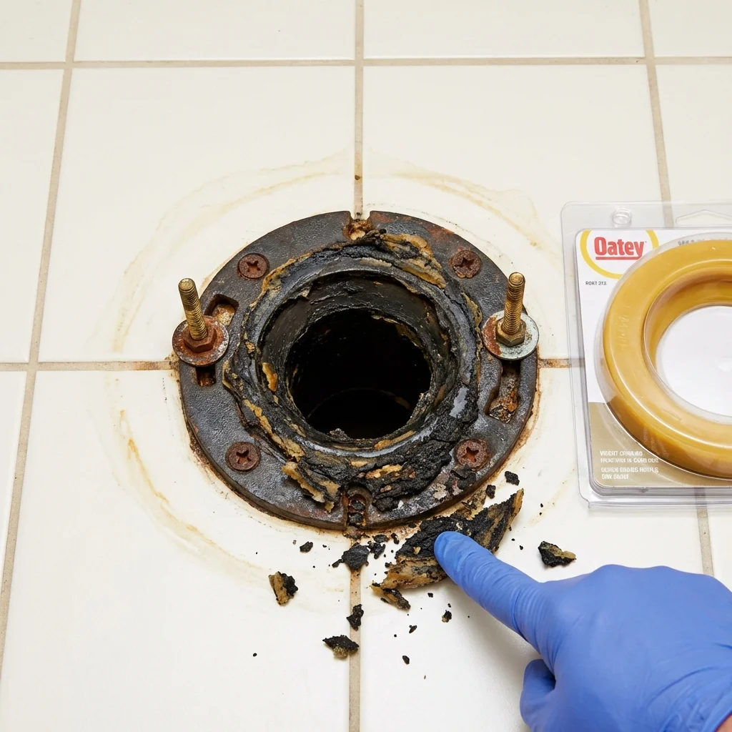 Failed wax ring showing water seepage at the base of a toilet in a Orange Park, FL home