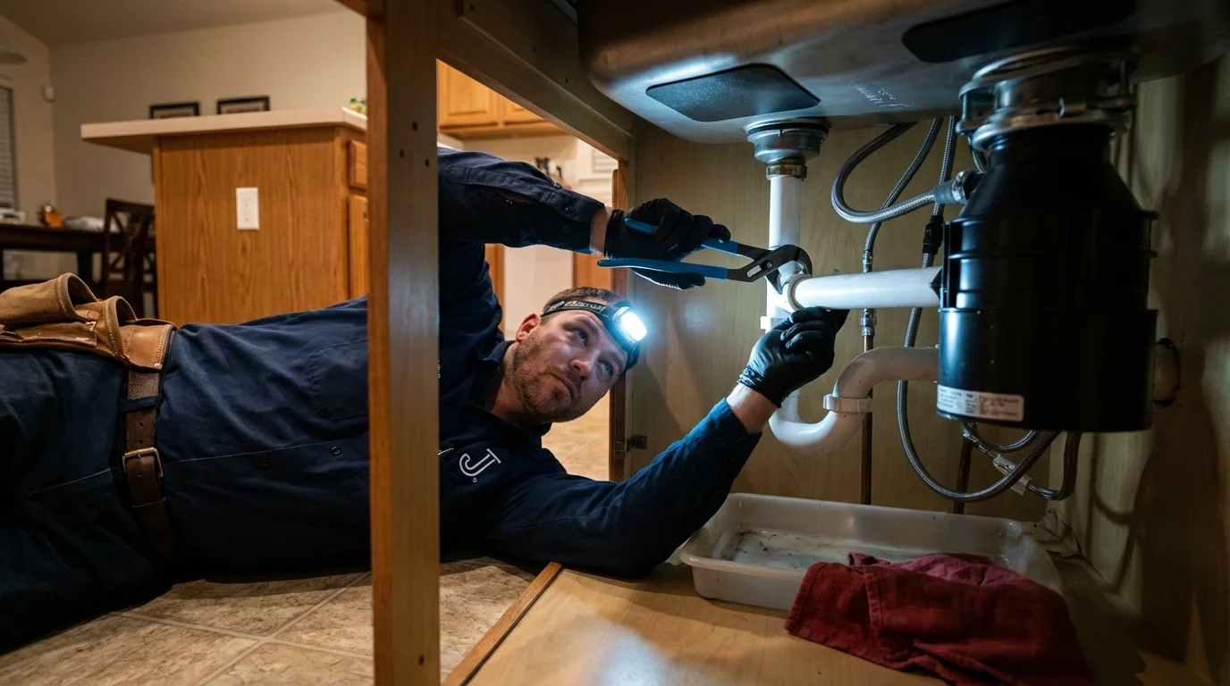 P-trap and supply line connections under a kitchen sink showing a common leak point in Orange Park, FL